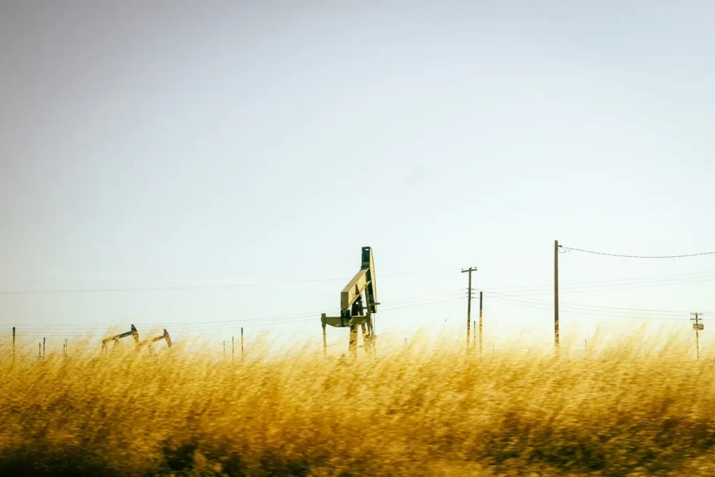 Oil and gas pump jacks on rural land in Noble County, Ohio